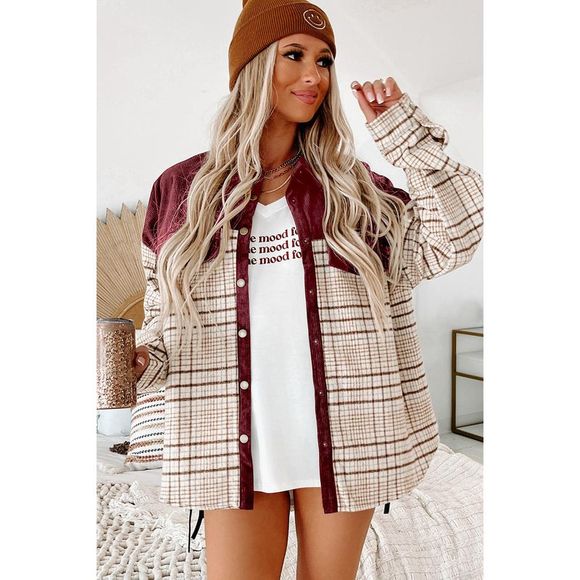 Azura Exchange  Red Plaid Patchwork Button-up Shift Shirt Jacket - Picture 4 of 6